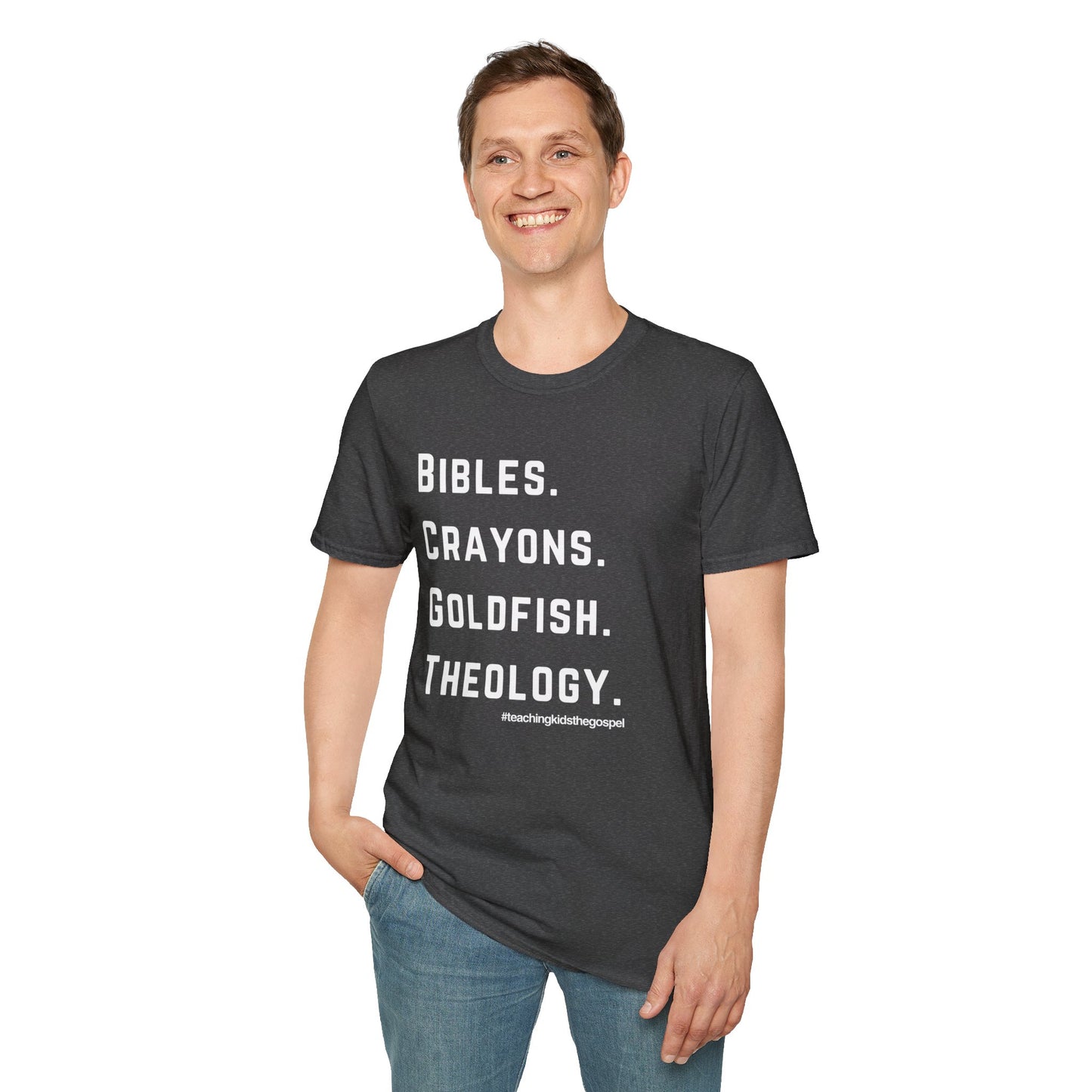 Bibles. Crayons. Goldfish. Theology. – KidMin Four Things Tee - Sunday School - Children's Ministry - Unisex design