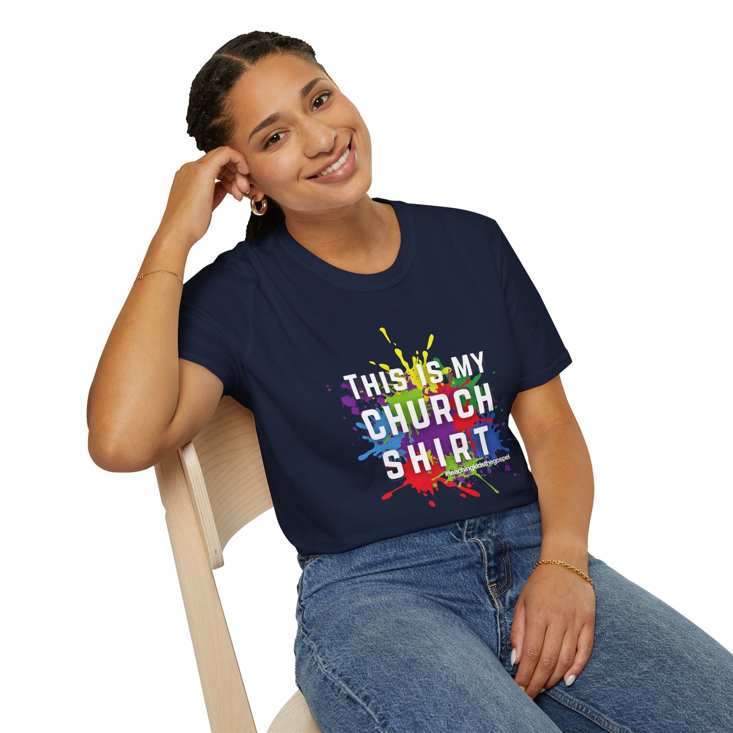 “This Is My Church Shirt” – Color Splash KidMin Tee, Unisex Softstyle Tee, Vibrant Faith Shirt, Christian Casual Wear, Sunday School, Children's Ministry