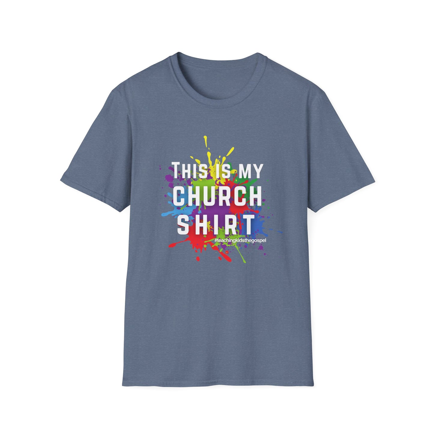 “This Is My Church Shirt” – Color Splash KidMin Tee, Unisex Softstyle Tee, Vibrant Faith Shirt, Christian Casual Wear, Sunday School, Children's Ministry