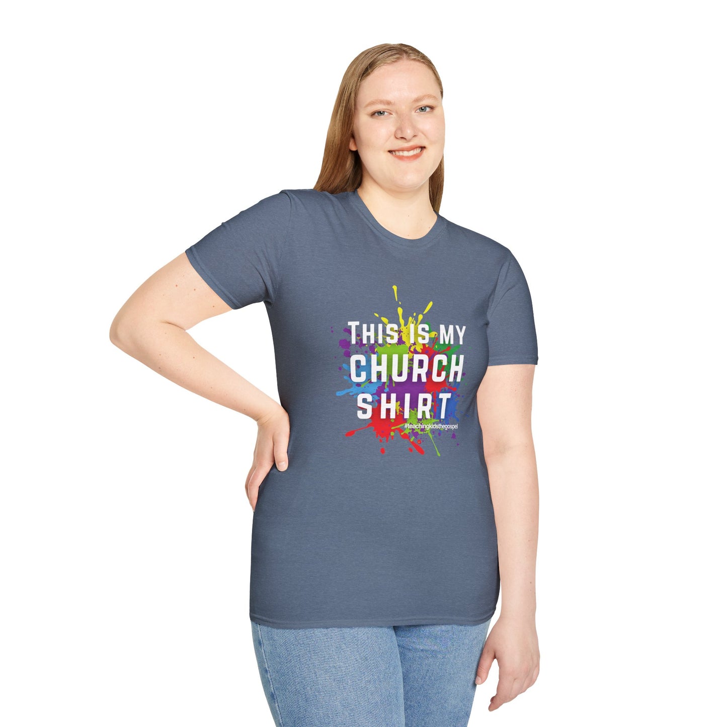 “This Is My Church Shirt” – Color Splash KidMin Tee, Unisex Softstyle Tee, Vibrant Faith Shirt, Christian Casual Wear, Sunday School, Children's Ministry