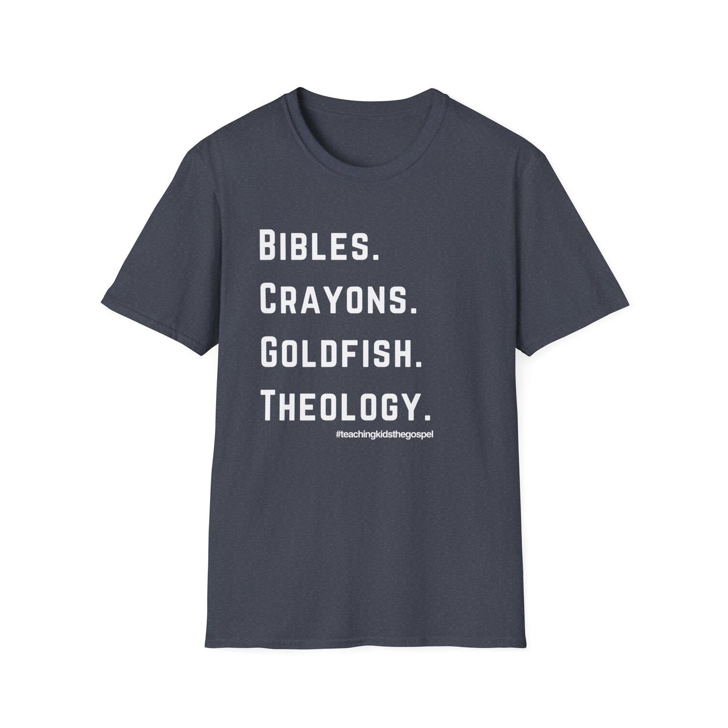 Bibles. Crayons. Goldfish. Theology. – KidMin Four Things Tee - Sunday School - Children's Ministry - Unisex design