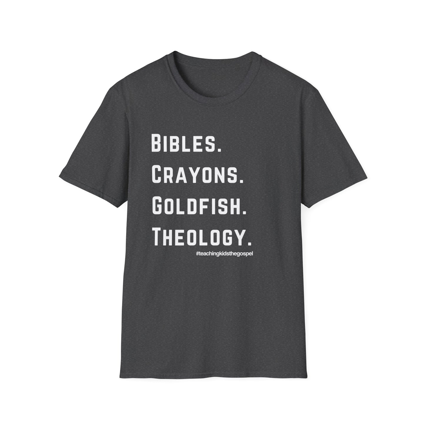 Bibles. Crayons. Goldfish. Theology. – KidMin Four Things Tee - Sunday School - Children's Ministry - Unisex design
