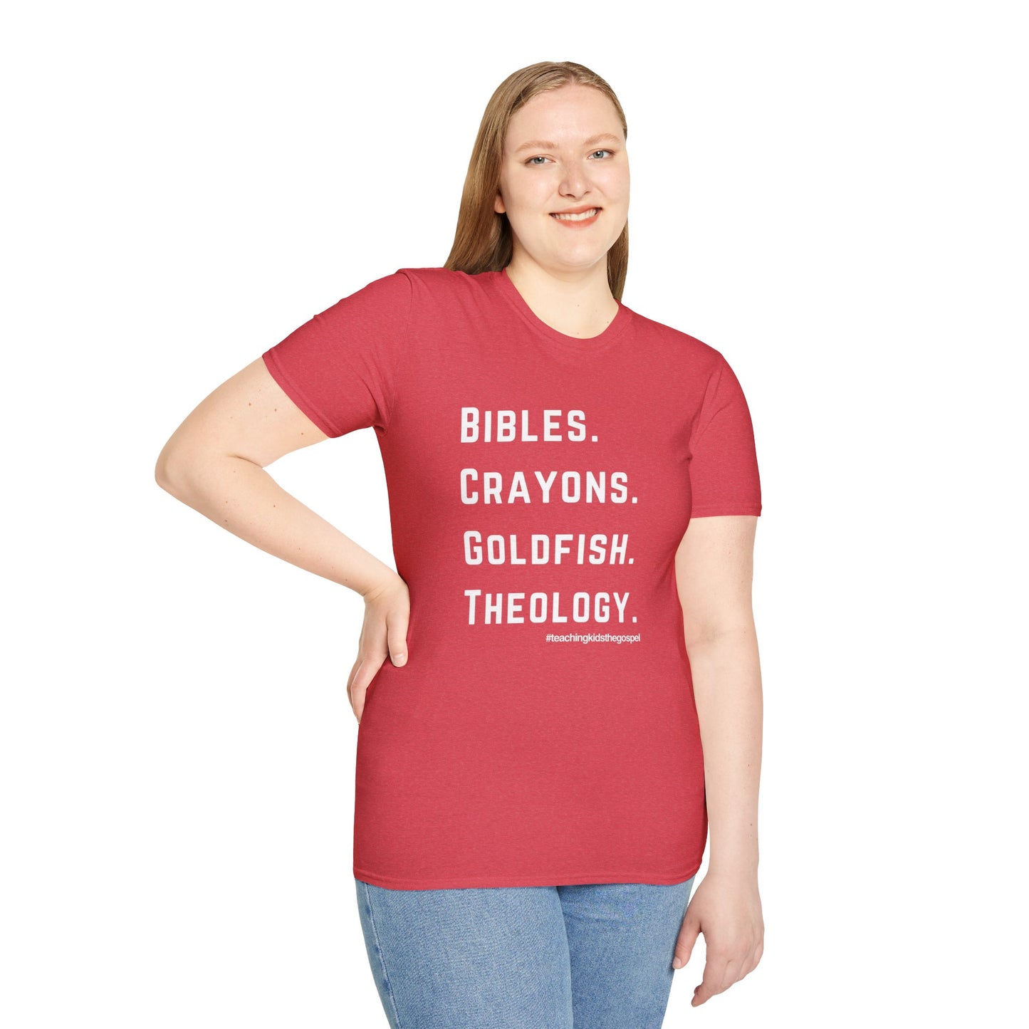Bibles. Crayons. Goldfish. Theology. – KidMin Four Things Tee - Sunday School - Children's Ministry - Unisex design