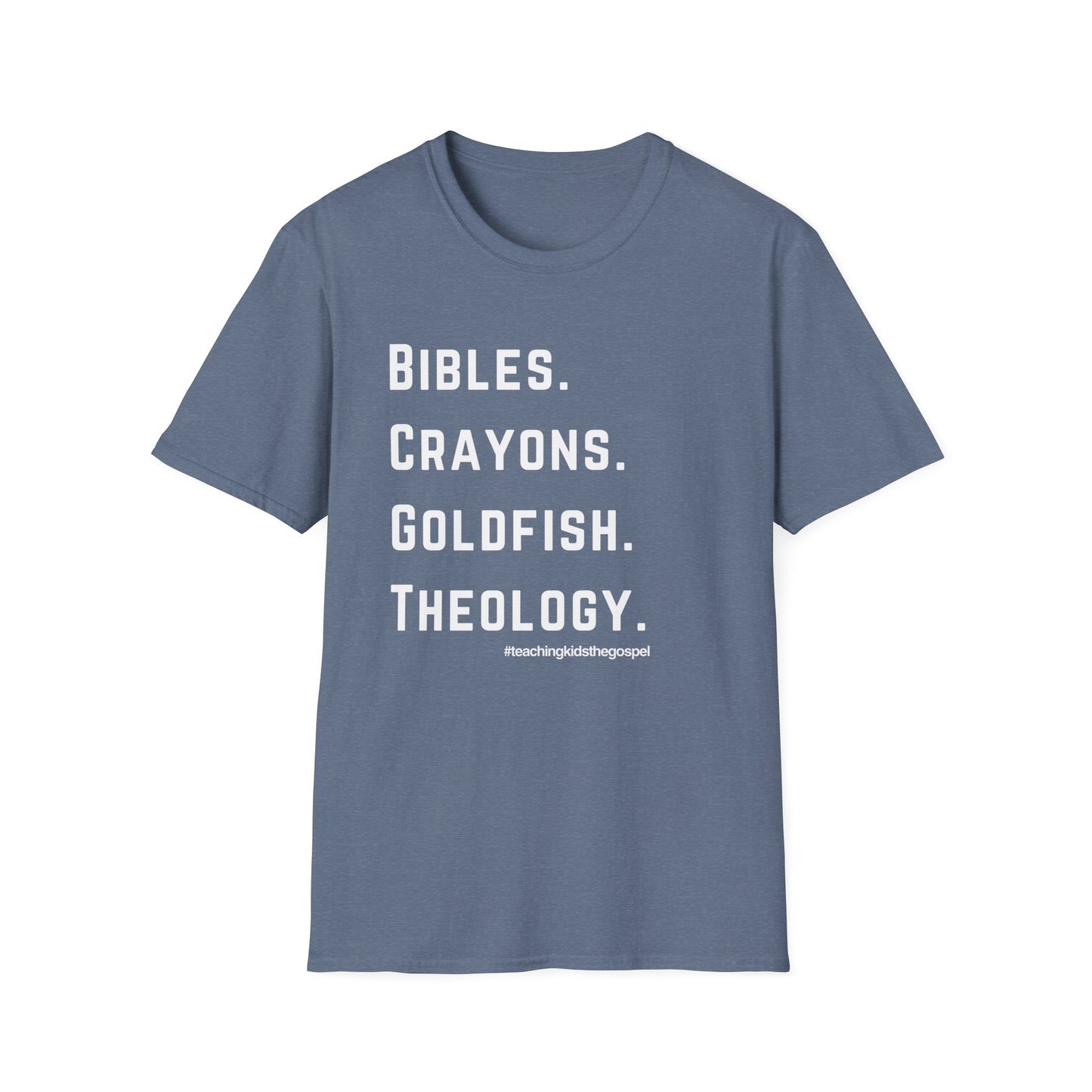 Bibles. Crayons. Goldfish. Theology. – KidMin Four Things Tee - Sunday School - Children's Ministry - Unisex design