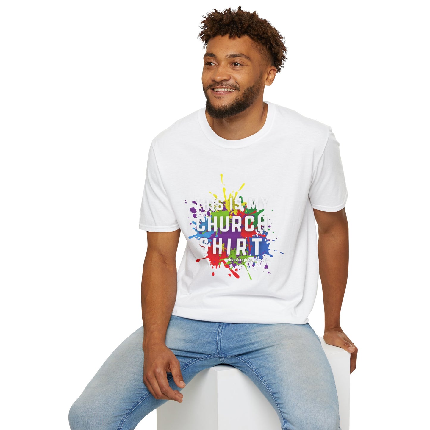 “This Is My Church Shirt” – Color Splash KidMin Tee, Unisex Softstyle Tee, Vibrant Faith Shirt, Christian Casual Wear, Sunday School, Children's Ministry
