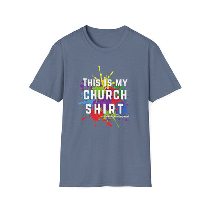 “This Is My Church Shirt” – Color Splash KidMin Tee, Unisex Softstyle Tee, Vibrant Faith Shirt, Christian Casual Wear, Sunday School, Children's Ministry