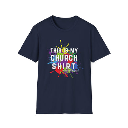 “This Is My Church Shirt” – Color Splash KidMin Tee, Unisex Softstyle Tee, Vibrant Faith Shirt, Christian Casual Wear, Sunday School, Children's Ministry