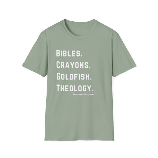 Bibles. Crayons. Goldfish. Theology. – KidMin Four Things Tee -  Sunday School - Children's Ministry - Unisex design