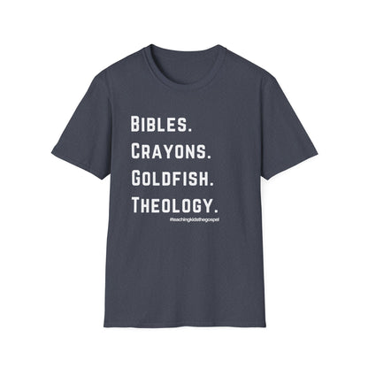 Bibles. Crayons. Goldfish. Theology. – KidMin Four Things Tee -  Sunday School - Children's Ministry - Unisex design