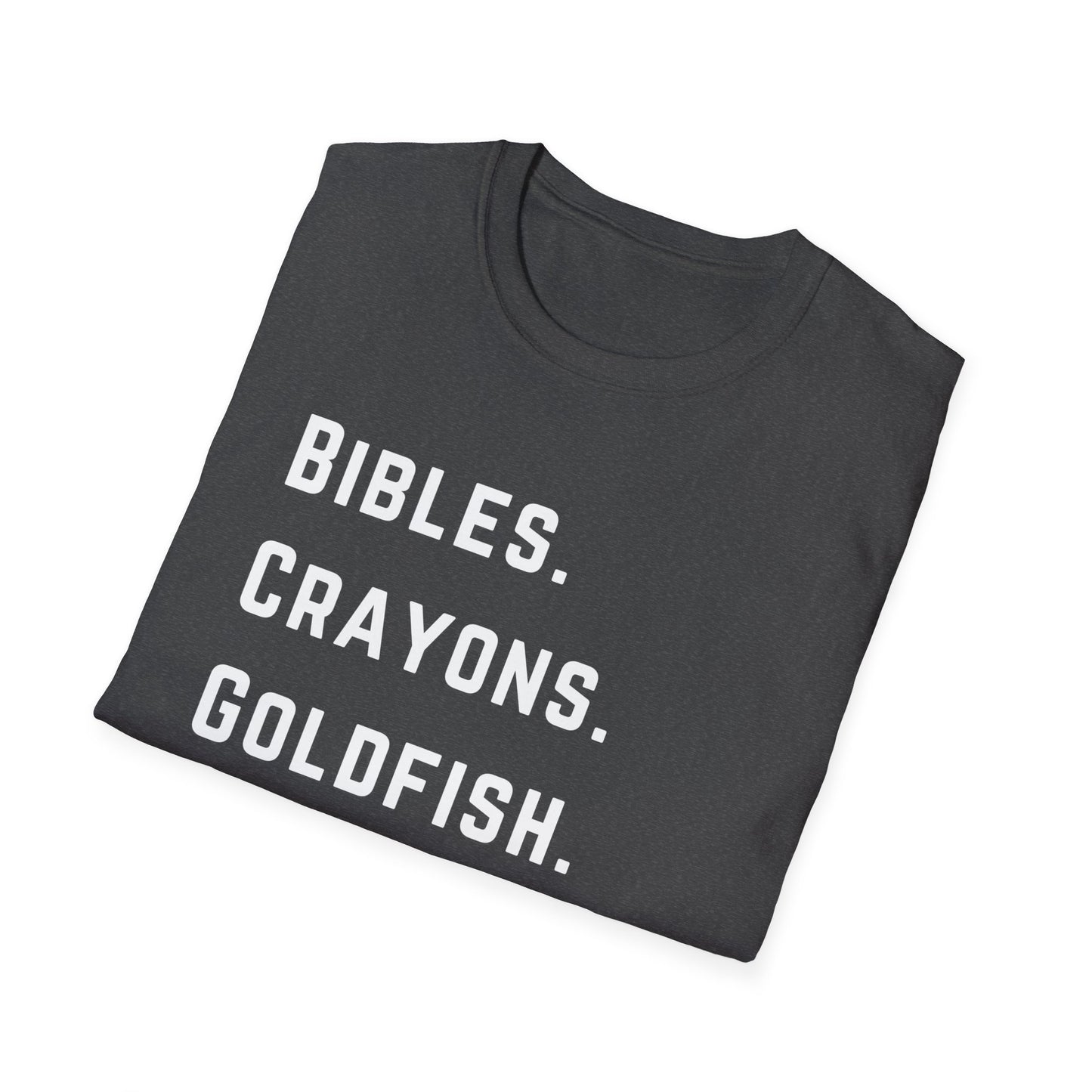 Bibles. Crayons. Goldfish. Theology. – KidMin Four Things Tee -  Sunday School - Children's Ministry - Unisex design