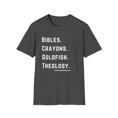 Bibles. Crayons. Goldfish. Theology. – KidMin Four Things Tee -  Sunday School - Children's Ministry - Unisex design
