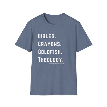 Bibles. Crayons. Goldfish. Theology. – KidMin Four Things Tee -  Sunday School - Children's Ministry - Unisex design